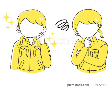 A woman wearing work clothes with an excited expression and a troubled expression illustration set 92972982