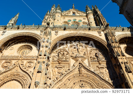 Scenic view of details on the walls of Salamanca Cathedral in Spain Scenic view of details on the walls of Salamanca Cathedral in Spain 92973171
