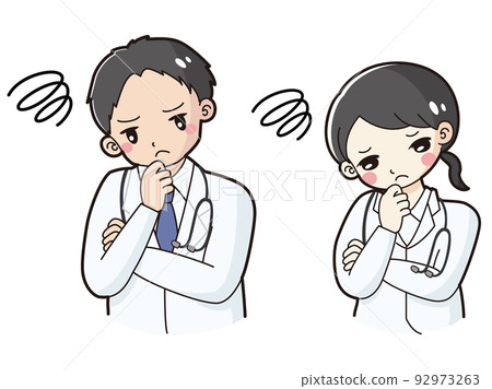 一男一女身穿白大褂陷入困境的插圖（帶聽診器） 92973263