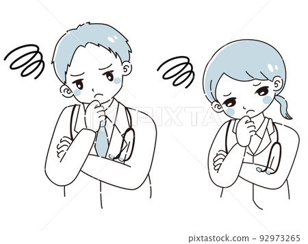 一男一女身穿白大褂陷入困境的插圖（帶聽診器） 92973265