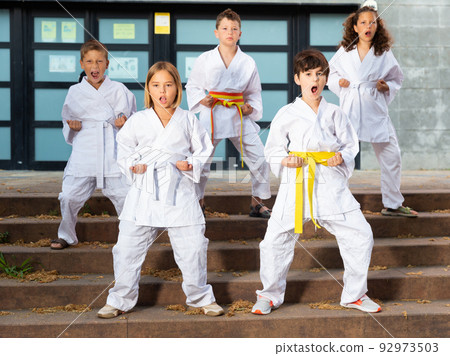 Group of schoolchildren practicing karate at schoolyard Group of schoolchildren practicing karate at schoolyard 92973503