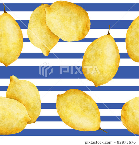 Watercolor hand drawn seamless pattern with yellow lemons and blue stripe background. Summer fruit citrus botanic floral print. Bright print for textile wrapping paper wallpaper, organic harves food Watercolor hand drawn seamless pattern with yellow lemons and blue stripe background. Summer fruit citrus botanic floral print. Bright print for textile wrapping paper wallpaper, organic harves food 92973670