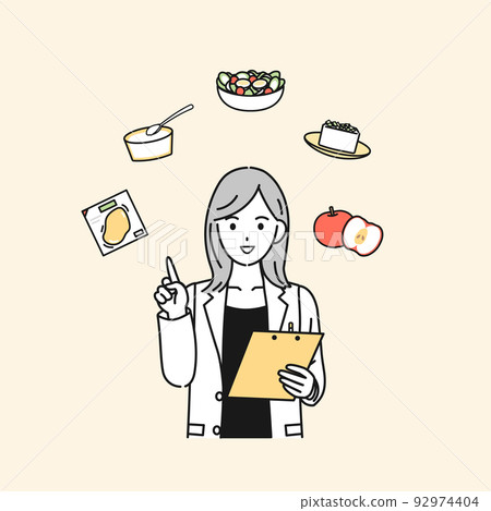 解釋適合節食的膳食 營養師 醫生 女醫生 穿著白大褂的女人的插圖 92974404