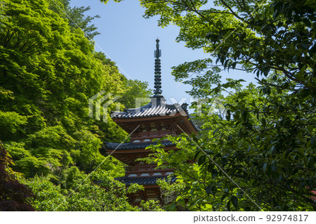 The three-storied pagoda and fresh greenery of Mimurotoji Temple in Kyoto 92974817