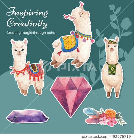 Sticker template with cute boho alpaca concept,watercolor style 92976719
