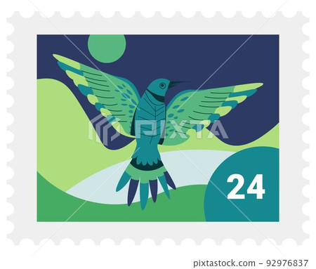 Colibri bird on postal mark, exotic avian vector 92976837