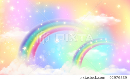 Pink rainbow and clouds on gradient background. Fantasy sky with stars. Unicorn abstract backdrop. Cute watercolor vector illustration. 92976889