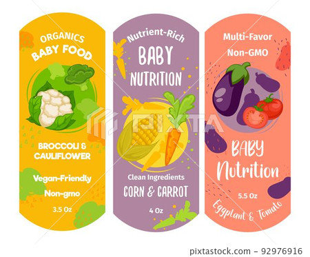 Nutrient rich baby food, corn and carrot labels 92976916