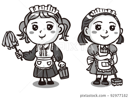 兩個穿著圓眼睛女僕服的女孩在工作,單色 兩個穿著圓眼睛女僕服的女孩在工作,單色 92977182