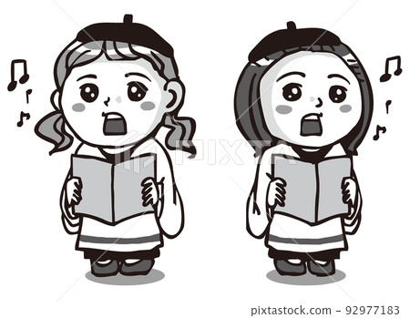 兩個女孩,臉色溫和,在唱詩班唱歌,單色 兩個女孩,臉色溫和,在唱詩班唱歌,單色 92977183