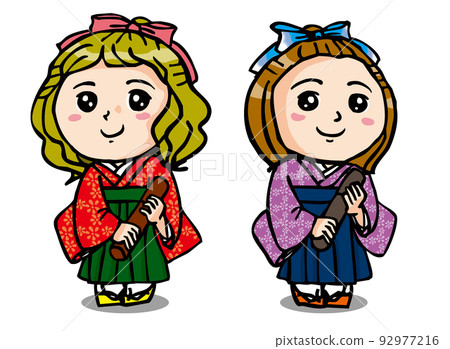 Two girls with a gentle face holding a diploma in a hakama 92977216