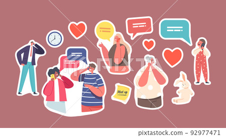Set of Stickers People Communicate by Mobile Phone. Granny, Little Boy, Adults and Teenagers Characters Speaking Set of Stickers People Communicate by Mobile Phone. Granny, Little Boy, Adults and Teenagers Characters Speaking 92977471