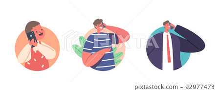 People Communicate by Mobile Phones Isolated Round Icons or Avatars. Little Boy, Teenager and Businessman Speaking People Communicate by Mobile Phones Isolated Round Icons or Avatars. Little Boy, Teenager and Businessman Speaking 92977473