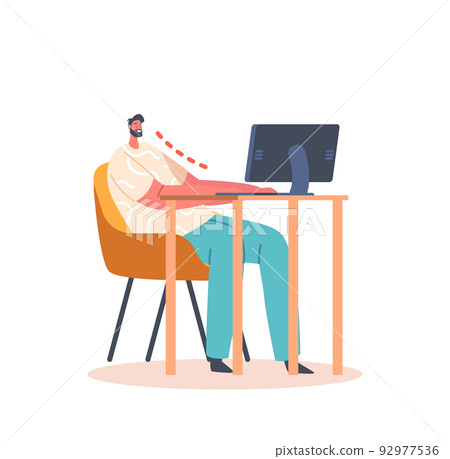 Male Character Wrong Sitting Position during Working at Computer. Man Sit at Table With Monitor, Spinal Curvature 92977536