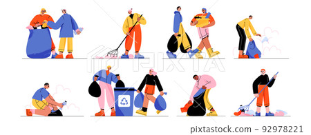 People collect trash volunteers characters cleanup 92978221