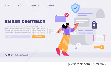 Smart contract banner with woman sign document 92978228