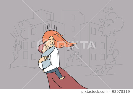 Terrified woman with kid running from bombs 92978319