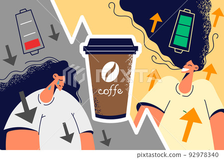 Unhappy and happy woman before and after coffee Unhappy and happy woman before and after coffee 92978340