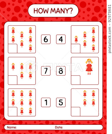 How many counting game with doll. worksheet for preschool kids, kids activity sheet 92978681