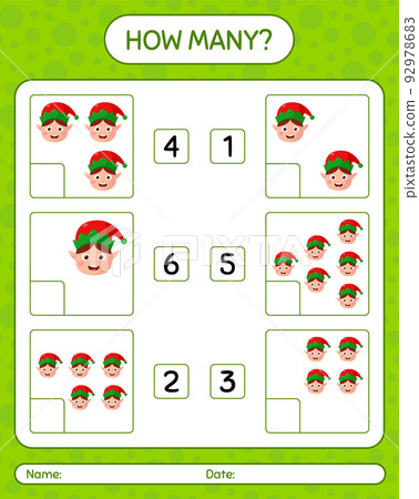 How many counting game with elf. worksheet for preschool kids, kids activity sheet 92978683