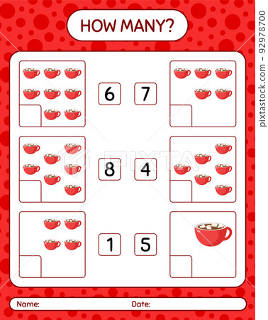 How many counting game with marshmallow on hot chocolate. worksheet for preschool kids, kids activity sheet 92978700