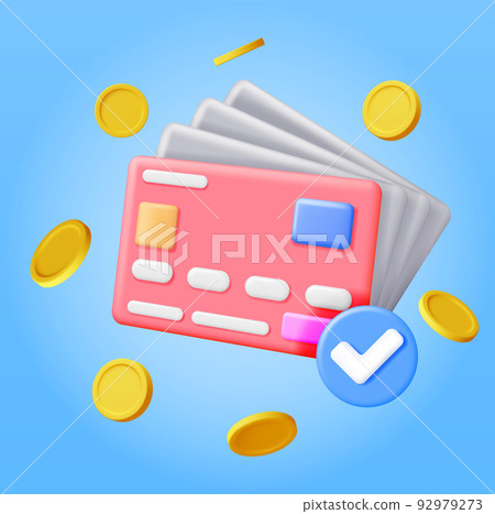 3D Bank Cards with Approved Checkmark and Coins 92979273