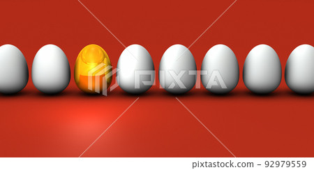 A golden egg that stands out among the many eggs lined up. Abstract concept representing future and promise 92979559