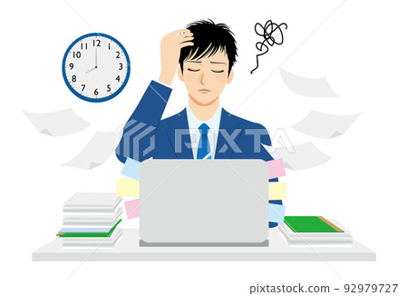 Illustration of a working man, upper body, dark blue suit, black hair, PC work, overtime 92979727