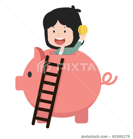 businesswoman putting money in a piggy bank concept 92980279