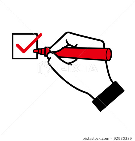 check with red pen, hand holding pen 92980389