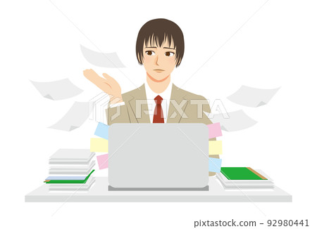 Illustration of a working man, upper body, beige suit, brown hair, PC work, overtime Illustration of a working man, upper body, beige suit, brown hair, PC work, overtime 92980441