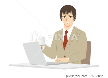 一個工人的插圖，上半身，米色西裝，棕色頭髮，電腦工作，咖啡休息 92980449