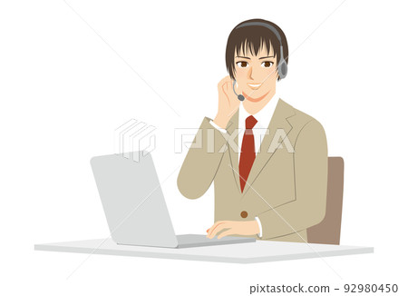 一個工人的插圖,上半身,米色西裝,棕色頭髮,電話預約 一個工人的插圖,上半身,米色西裝,棕色頭髮,電話預約 92980450