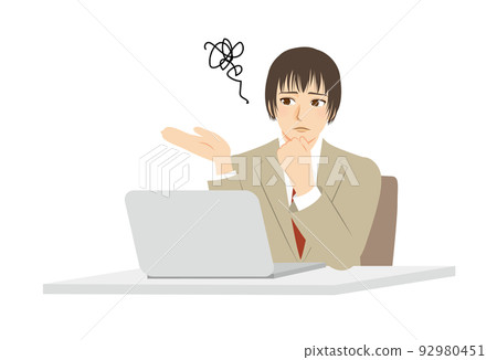 一個工人的插圖，上半身，米色西裝，棕色頭髮，電腦工作，舉起手來 92980451