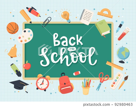 Back to school collection of supplies with handwritten calligraphy with blackboard. Cute colorful vector illustration Back to school collection of supplies with handwritten calligraphy with blackboard. Cute colorful vector illustration 92980463