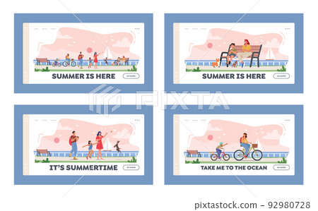 Family Outdoors Vacation Landing Page Template Set. Happy Characters Walking along Embankment with Seaview Landscape Family Outdoors Vacation Landing Page Template Set. Happy Characters Walking along Embankment with Seaview Landscape 92980728