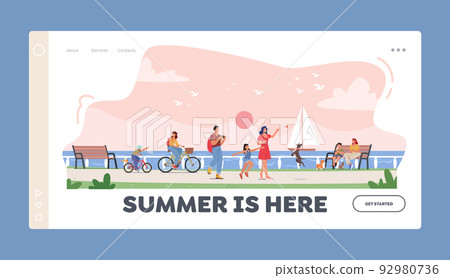 Vacation Outdoors Landing Page Template. Happy Family Characters Walking along Embankment with Seaview Landscape 92980736