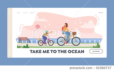 Family Weekend Recreation Landing Page Template. Mother and Son Riding Bicycle along Embankment with Seaview Family Weekend Recreation Landing Page Template. Mother and Son Riding Bicycle along Embankment with Seaview 92980737