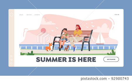 Summer Recreation Landing Page Template. Little Boy and Mother Eating Ice Cream Sitting on Bench at Embankment 92980743