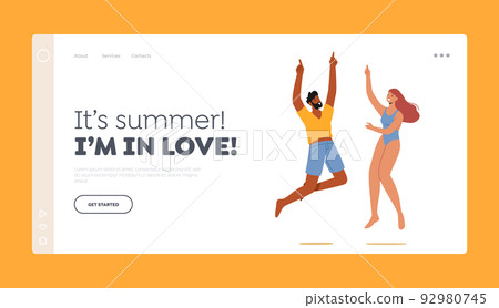 Characters in Swimwear Rejoice Landing Page Template. Jump. Happy People Jump with Hands Up, Celebrating Beach Party Characters in Swimwear Rejoice Landing Page Template. Jump. Happy People Jump with Hands Up, Celebrating Beach Party 92980745