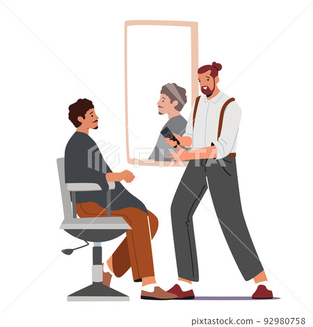 Hairdresser Barber Do Haircut to Male Client In Men Beauty Salon or Barbershop. Customer Sitting front of the Mirror Hairdresser Barber Do Haircut to Male Client In Men Beauty Salon or Barbershop. Customer Sitting front of the Mirror 92980758