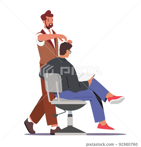Visitor in Barber Shop. Hairdresser Barber Doing Hairstyle to Young Male Client Sitting on Chair Reading Magazine 92980760