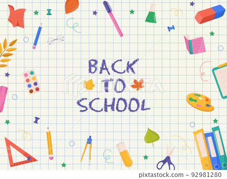 Back to school card with colorful school supplies. Colorful back to school templates for invitation, poster, banner, promotion, sale. School supplies cartoon illustration. 92981280