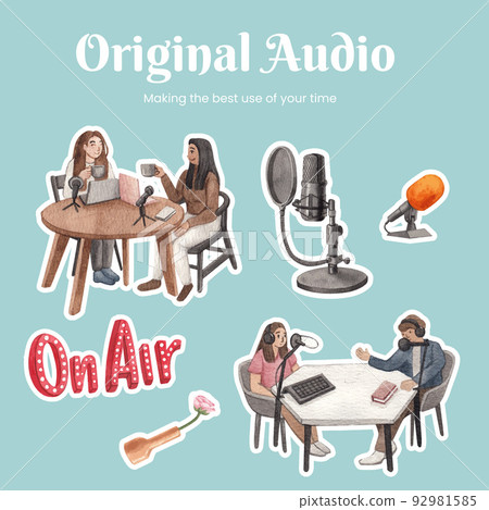 Sticker template with international podcast day concept,watercolor style 92981585