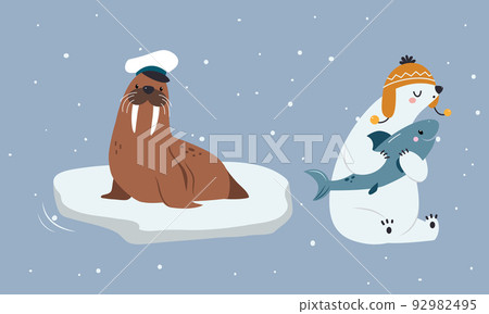 Set of cute wild polar animals. Walrus and bear mammals vector illustration 92982495