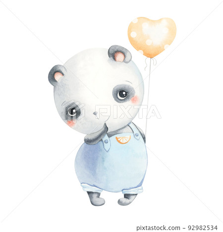 Cute panda with a ball. Watercolor illustration 92982534