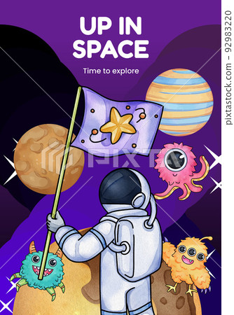 Poster template with kids explore galaxy concept,watercolor style 92983220