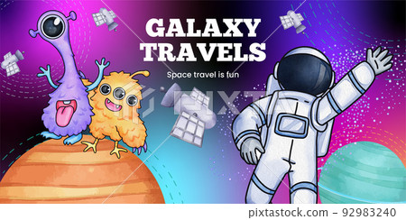 Blog header template with kids explore galaxy concept,watercolor style 92983240