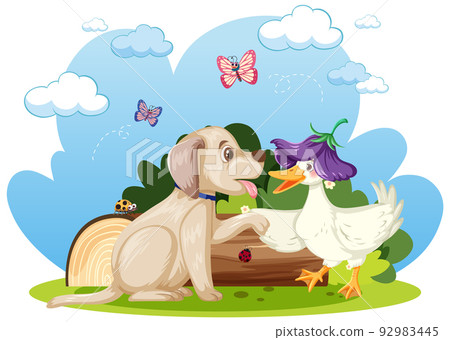 Cute dog and duck shaking hands Cute dog and duck shaking hands 92983445