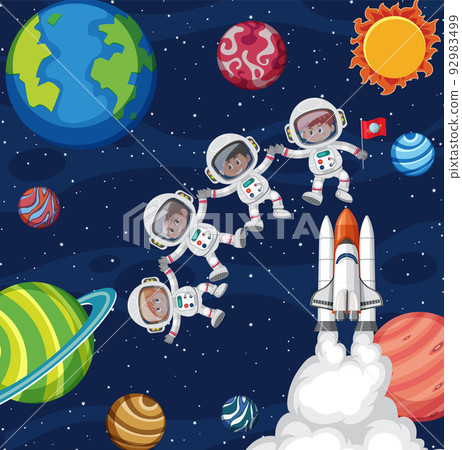 Cartoon space background with astronauts 92983499